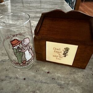 Vintage Holly Hobbie 1970s wooden recipe box & limited edition Coca-Cola glass